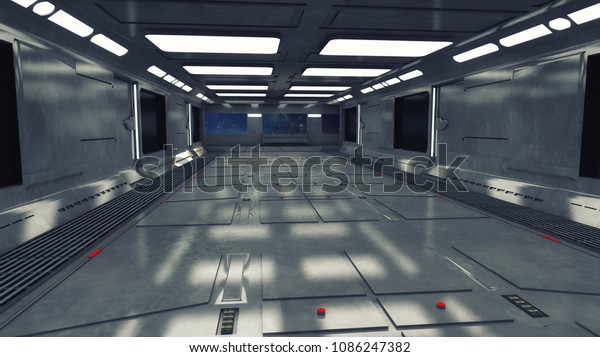 3d Render Futuristic Spaceship Interior Corridor Interiors