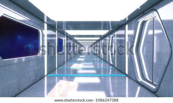 3d Render Futuristic Spaceship Interior Corridor Stock