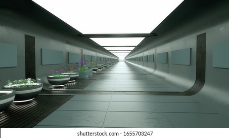 3d Render. Futuristic Spaceship Scifi Corridor Architecture