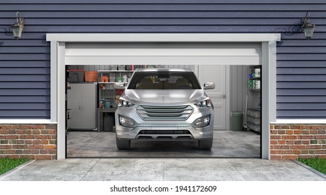 3d render of garage interior with open door and car in front 3d illustration