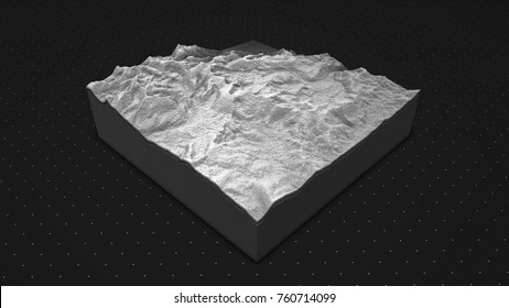 3D render of geology, soil slice, mountains isolated on dark background. cross section topology of ground relief with mountains and meadows.