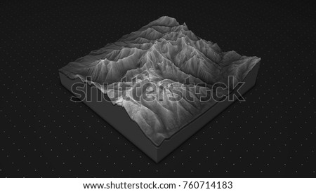 3D render of geology, soil slice, mountains isolated on dark background. cross section topology of ground relief with mountains and meadows.