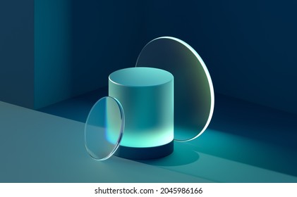 3d render geometric background. Abstract blue neon glowing cylinders. Transparent glass minimal podium mockup with empty space for promotion, product show presentation.