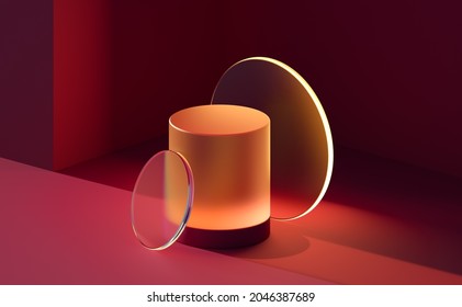 3D-Rendering geometrischer Hintergrund. Abstrakte rote und orangefarbene Neonstrahler. Transparentes Glas-Minimal-Podium mit leerem Raum für Promotion, Produktpräsentation.