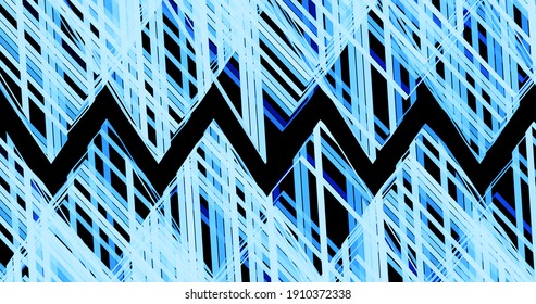 3d render with a geometric background of black zigzag and blue stripes