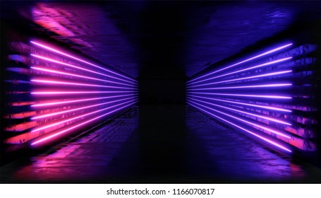 3d render. Geometric figure in neon light against a dark tunnel. Laser line glow. Neon backgrounds