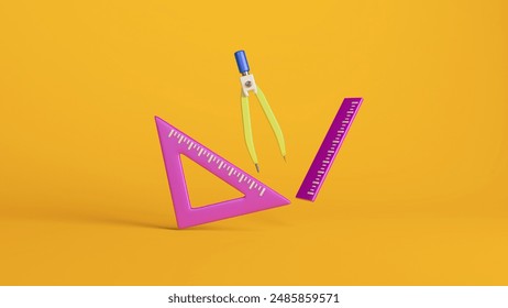3D render geometry tools including a purple triangle ruler, purple straight ruler, and yellow compass on yellow background.