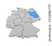 3d render - german map in gray with regional boarders and the focus to Brandenburg in blue - federal states