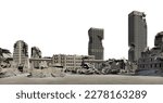 3D render a ghost town caused by war on a white background with clipping path