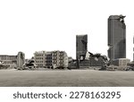 3D render a ghost town caused by war on a white background with clipping path