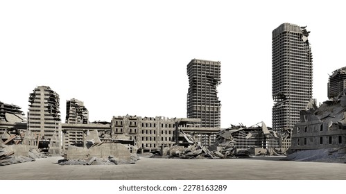 3D render a ghost town caused by war on a white background with clipping path