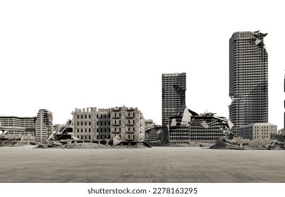 3D render a ghost town caused by war on a white background with clipping path