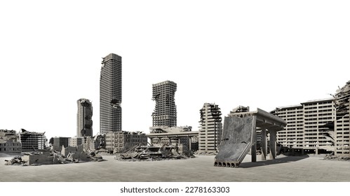 3D render a ghost town caused by war on a white background with clipping path