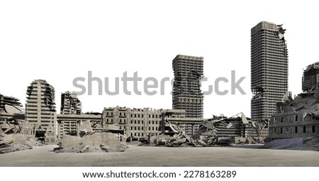 3D render a ghost town caused by war on a white background with clipping path