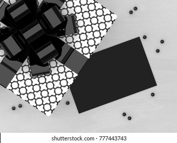 3d render of gift with blank card lying on wooden desk
