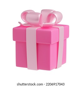 3D render gift box with pink ribbon. Isolated closed package with pastel glossy bow on white background. Holiday surprise, present for birthday, christmas or wedding, Realistic. 3D Illustration
