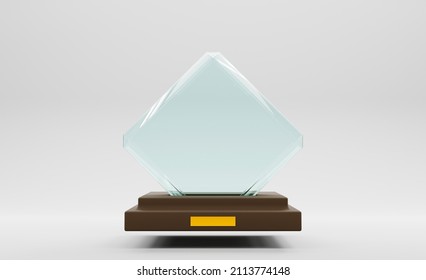 3d Render, Glass Award Trophy Or Winner Prize On Wooden Pedestal, Front View. Transparent Crystal Plate Or Acrylic Diamond Frame With Blank Golden Label, Rhombus Cup Isolated On White Background