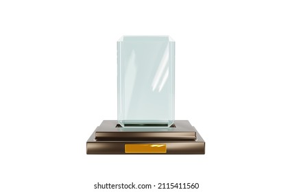 3d Render, Glass Award Trophy Or Winner Prize On Wooden Pedestal, Front View. Mockup Empty Crystal Plate Or Clear Rectangular Acrylic Frame Isolated On White Background. Realistic Illustration