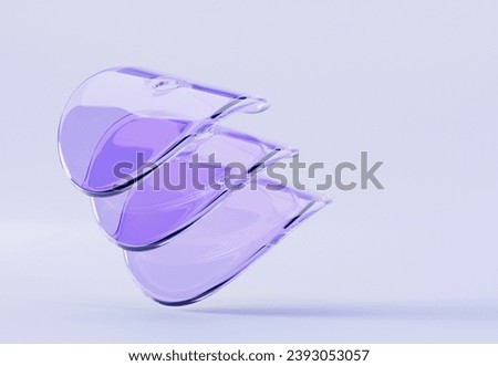 3d render glass transparent circle curve wave discs with layers effect. Abstract purple geometric background, clear circular plates with light refraction prism crystal, round disks. 3D Illustration