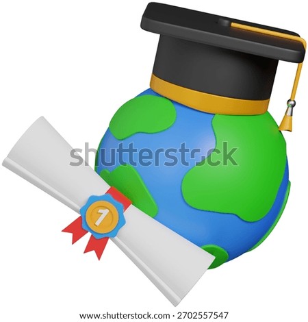 3d render Global Education Graduation Cap on Earth with Diploma icon
