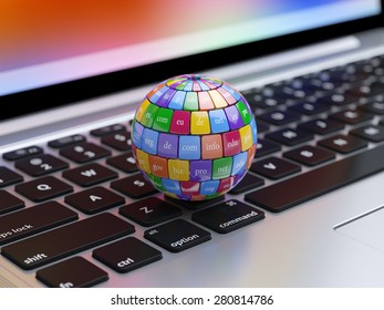3d render of global internet communication creative abstract internet PC technology and web telecommunication business computer concept. View of computer kwyboard button with color domain name buttons
