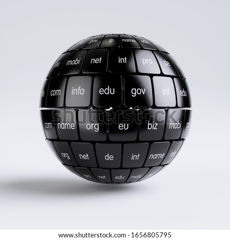 3d render of global internet communication creative abstract internet PC technology and web telecommunication business computer concept. View of group black cubes in the sphere spape domain names 