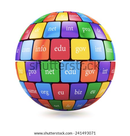 3d render of global internet communication creative abstract internet PC technology and web telecommunication business computer concept. View of group color cubes in the sphere spape domain names 