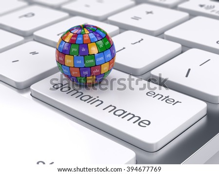 3d render of global internet communication creative internet PC technology and web telecommunication business computer concept. Sphere shape domain names on the computer keyboard