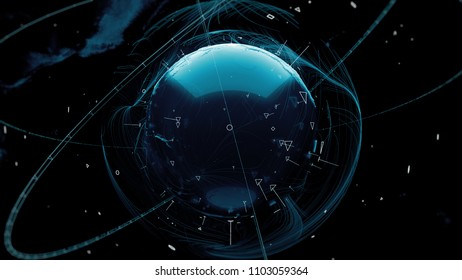 3d render of globe. Digital background with planet surrounded with particles and arcs. Technology concept. 