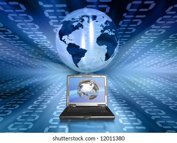 3D render of a globe on a binary code background with a laptop in the foreground