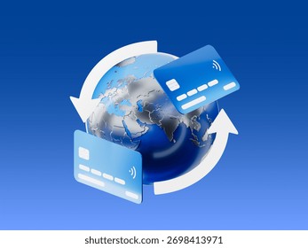 3D render of a globe surrounded by credit cards and circular arrows, symbolizing global payment transactions and online money transfer systems.