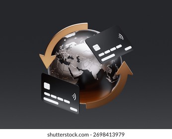 3D render of a globe surrounded by credit cards and circular arrows, symbolizing global payment transactions and online money transfer systems.