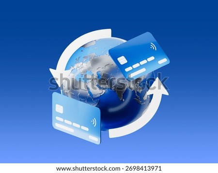 3D render of a globe surrounded by credit cards and circular arrows, symbolizing global payment transactions and online money transfer systems.