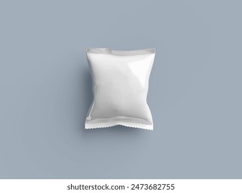3D render of a glossy generic, sealed snack packaging bag with crimped edges on a light background
