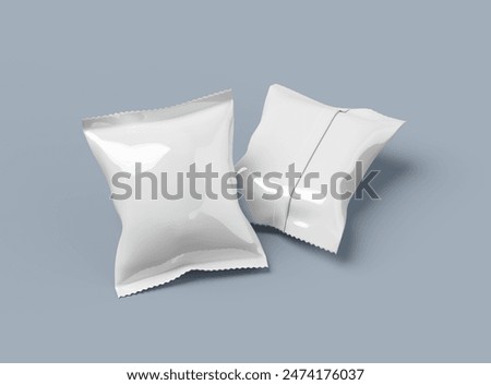 3D render of a glossy generic, sealed snack packaging bag with crimped edges on a light background