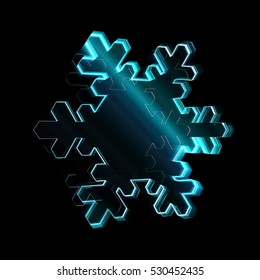 3d render glossy snowflake icon. Glowing glass snowflake. Techno sharp Geometric on black background. Detailed 3d model. Cosmic sci-fi neon streaks. Deluxe stripes in space. 
