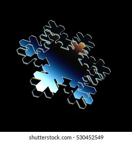 3d render glossy snowflake icon. Glowing glass snowflake. Techno sharp Geometric on black background. Detailed 3d model. Cosmic sci-fi neon streaks. Deluxe stripes in space. 