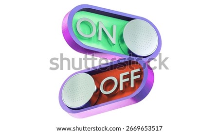 3D render of glossy toggle switch buttons with ON and OFF text, UI UX app design and technology concept illustration isolated on white background
