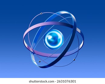 3D render of a glowing atom with orbiting paths, symbolizing science, innovation, or atomic structure. Ideal for technology, research, or data-related concepts.