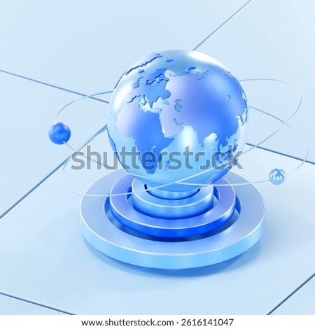 3D render of a glowing blue globe with orbiting spheres in a futuristic space. Represents global connectivity, international communication, worldwide network, or Earth.