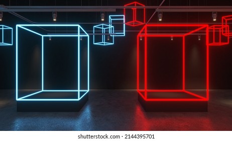 3D render Glowing blue and red neon on floor reflection for future premium product or technology