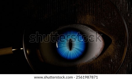 3d render of glowing cats eye seen through a magnifying glass