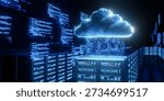 3D render Glowing cloud icon above server racks, data flowing. Abstract code background. Represents cloud computing, big data, network, IT infrastructure, technology, digital transformation