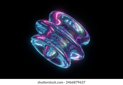 3d render. Glowing iridescent liquid glass element, flexible holographic form, morphing fluid drop, fantastic iridescent object reflecting neon light, isolated on black background
