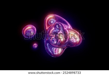 3d render. Glowing iridescent liquid glass, flexible holographic form, morphing fluid drop, fantastic iridescent object reflecting neon light, isolated on black background
