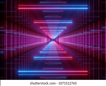 3d render, glowing lines, neon lights, abstract psychedelic background, corridor, tunnel, ultraviolet, spectrum vibrant colors, laser show