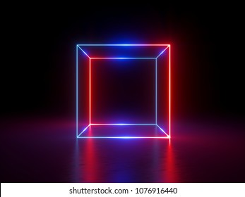 3d Render, Glowing Lines, Neon Lights, Abstract Background, Cube Cage, Ultraviolet, Infrared, Spectrum Vibrant Colors, Laser Show