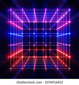 3d render, glowing lines, neon lights, abstract psychedelic background, cube cage, ultraviolet, blue, spectrum vibrant colors, laser show