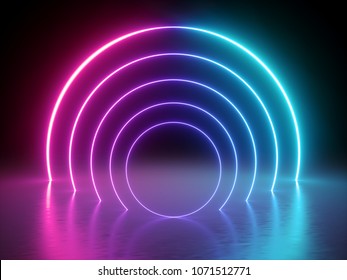 3d render, glowing lines, tunnel, neon lights, virtual reality, abstract background, round portal, arch, pink blue spectrum vibrant colors, laser show