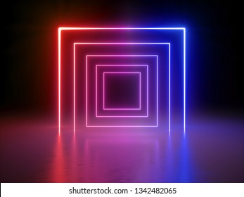 3d render, glowing lines, tunnel, neon lights, virtual reality, abstract background, square portal, arch, red blue spectrum vibrant colors, laser show